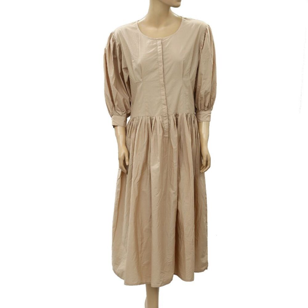 Merlette Montague Midi Dress Puff Sleeve Sandstone Beige Cotton Resort XS 216478 - Picture 6 of 10